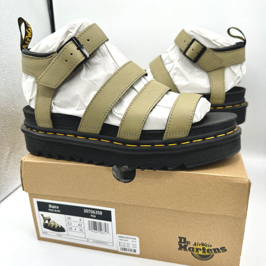 Dr. Martens Blaire Hydro Leather Platform Strappy Sandals in Pisa Pale Olive