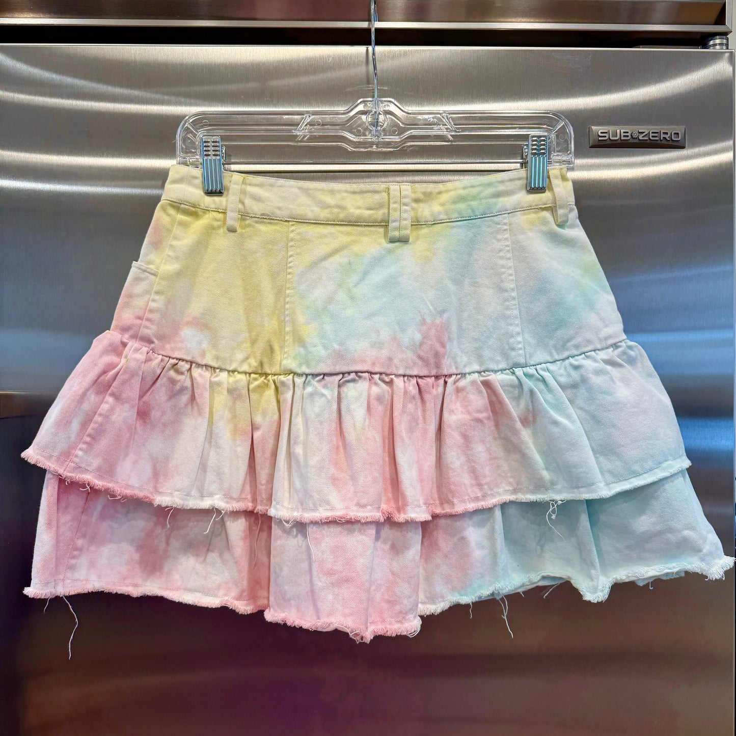 LoveShackFancy Landen Mini Skirt Multicolor Tiedye Tiered Ruffle Radial Dial