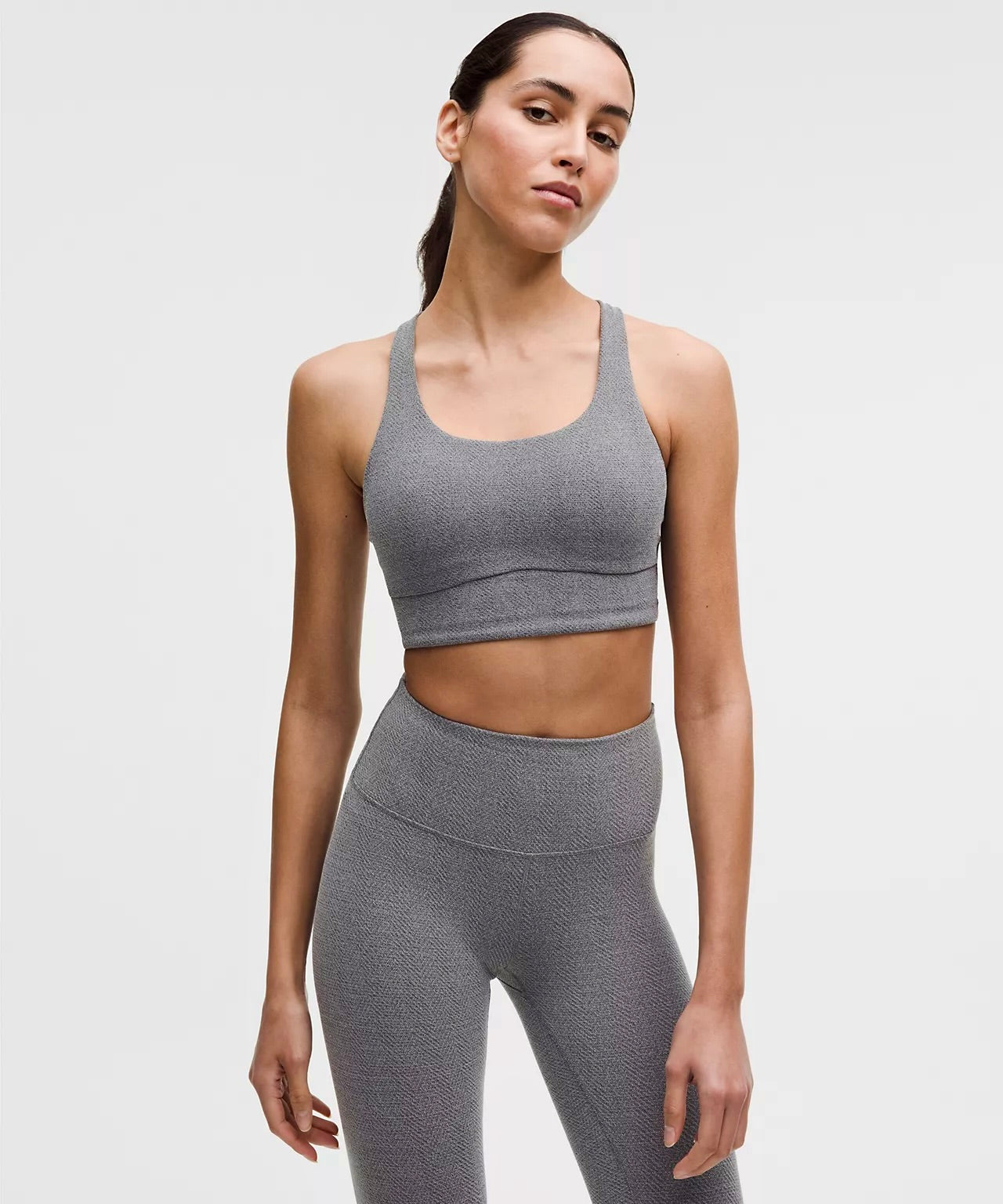 Lululemon Energy Long Line Evolve Bra Top in Herringbone Grey Intertwine Texture Black / White Woven