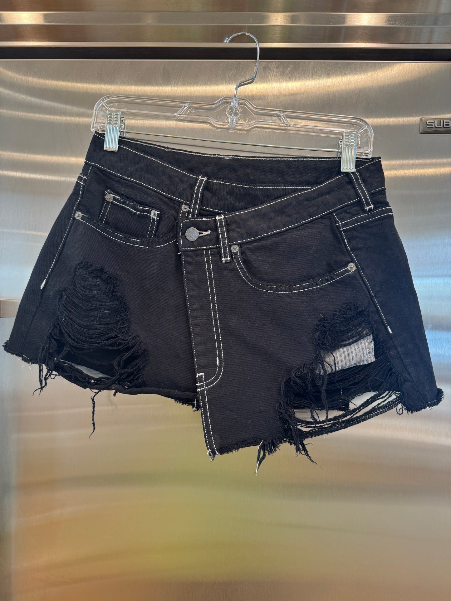 Carmar LF Asymmetrical Black Denim Mini Skirt Distressed Jean Skirt * Pre-Owned *