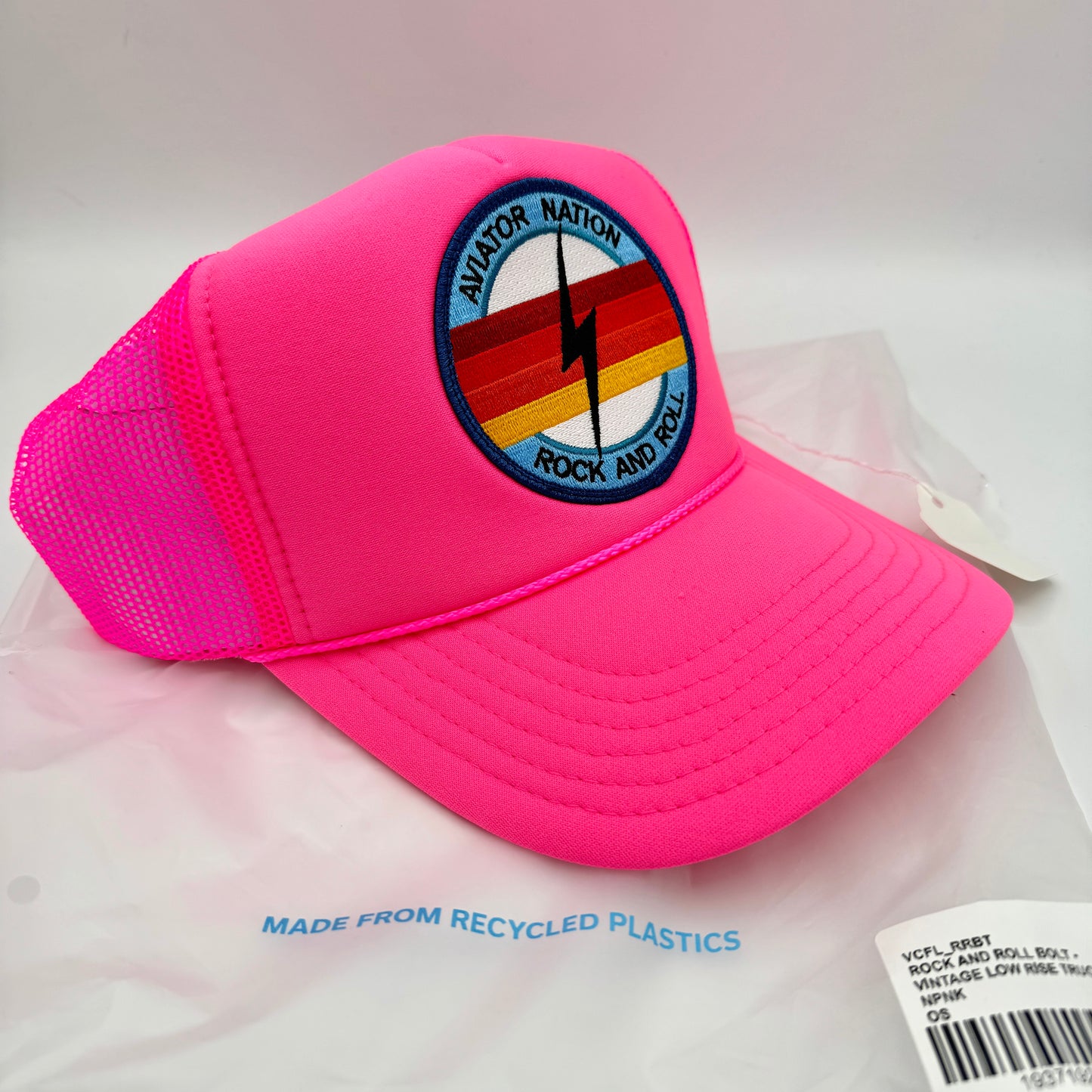 Aviator Nation Trucker Hat Classic , Rock and Roll Bolt Patch Logo Neon Pink