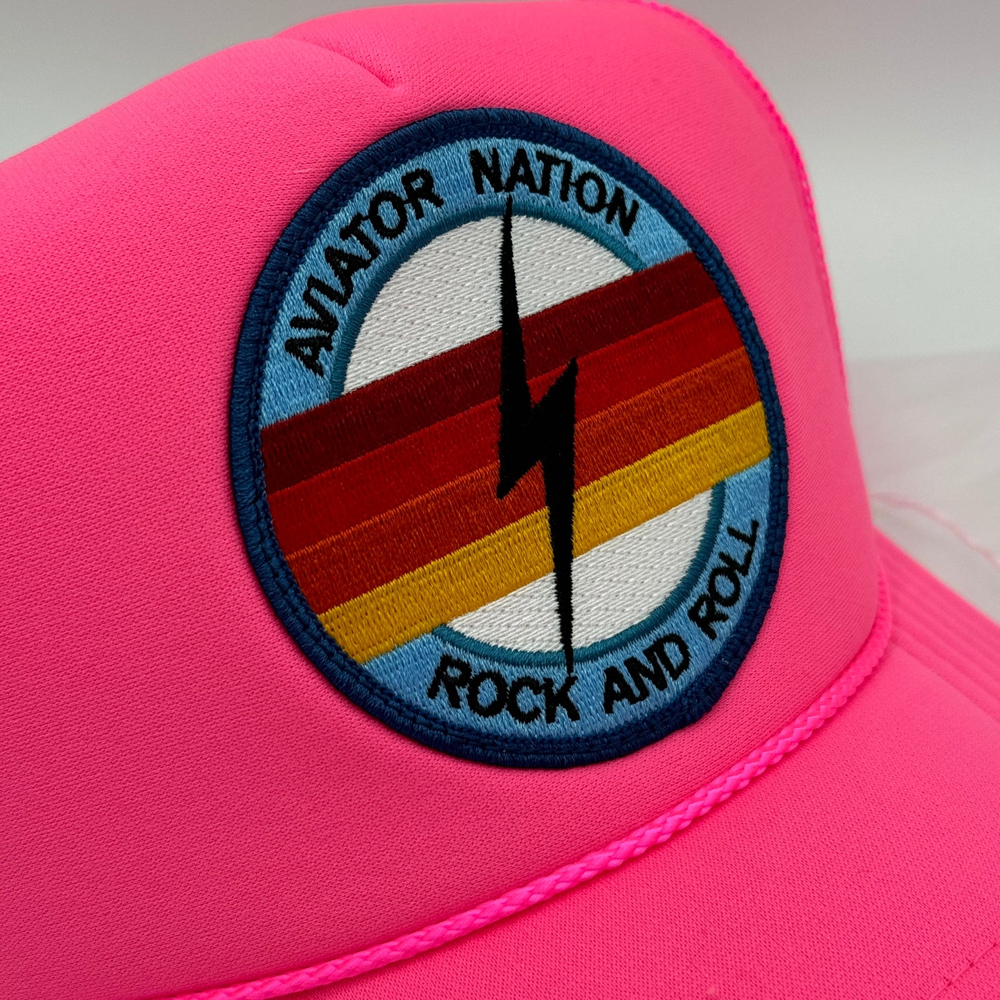 Aviator Nation Trucker Hat Classic , Rock and Roll Bolt Patch Logo Neon Pink