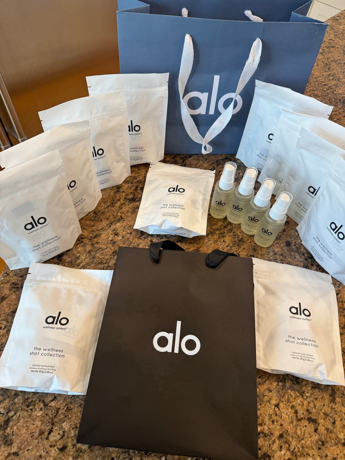 Alo Wellness BUNDLE (4) Magnesium Sprays, (11) Wellness Discovery Satchet Kits , (2) Gift Bags