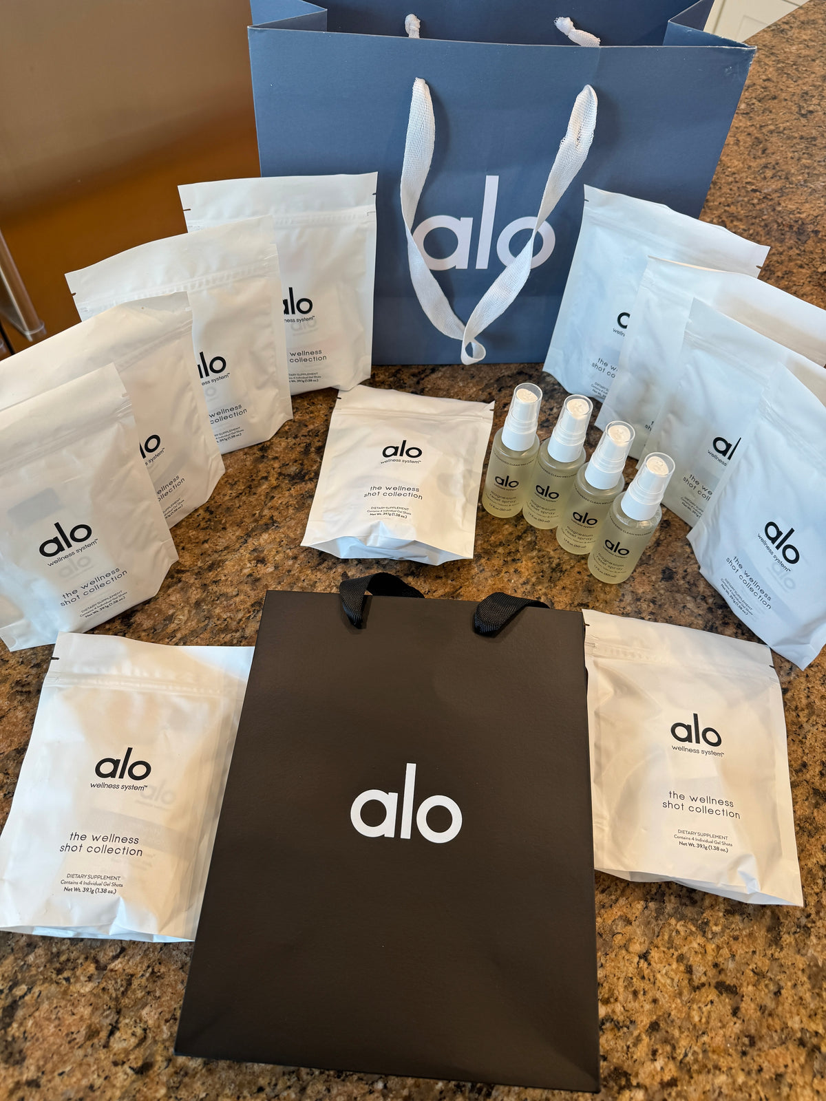 Alo Wellness BUNDLE (4) Magnesium Sprays, (11) Wellness Discovery Satchet Kits , (2) Gift Bags