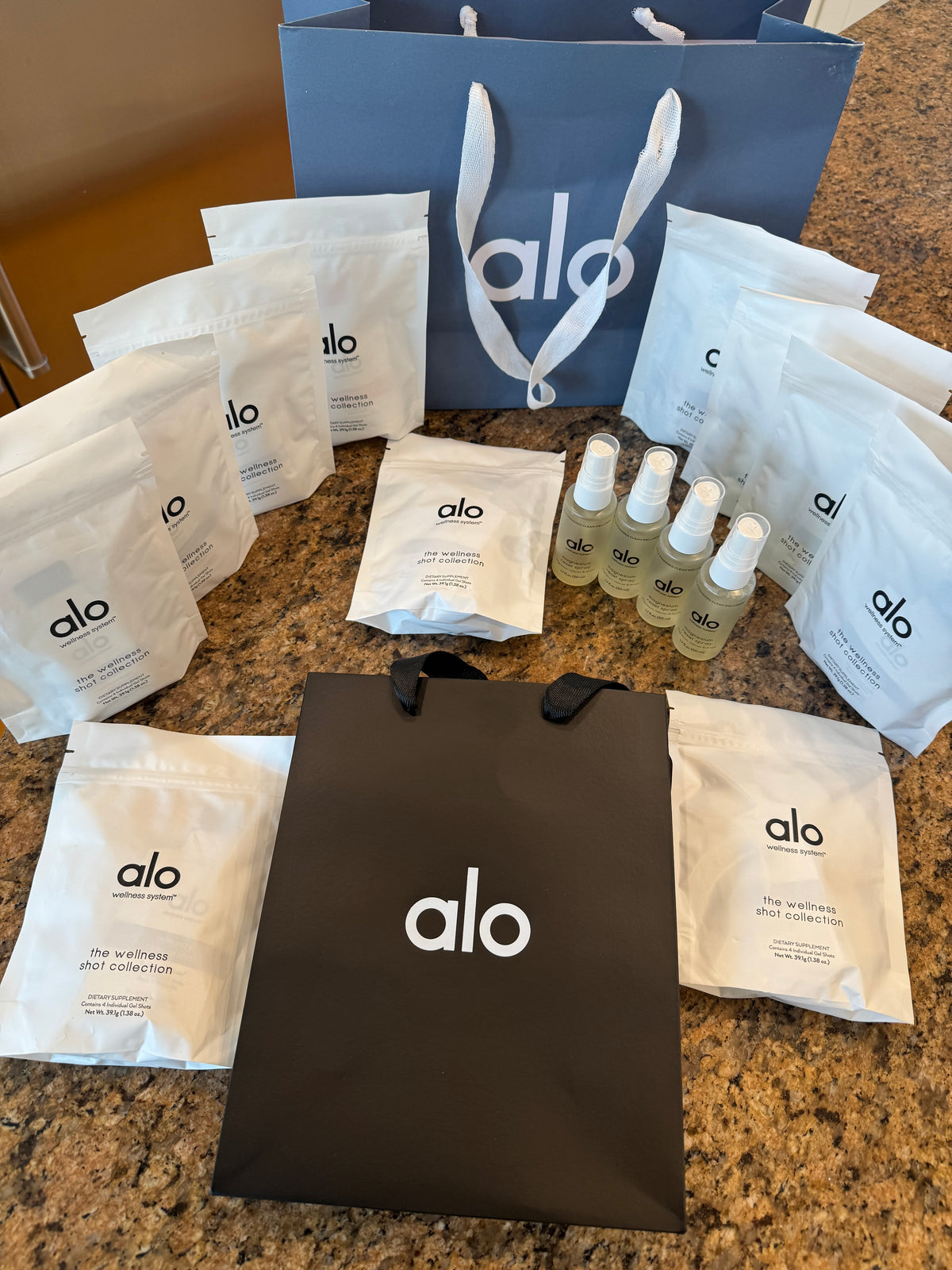 Alo Wellness BUNDLE (4) Magnesium Sprays, (11) Wellness Discovery Satchet Kits , (2) Gift Bags