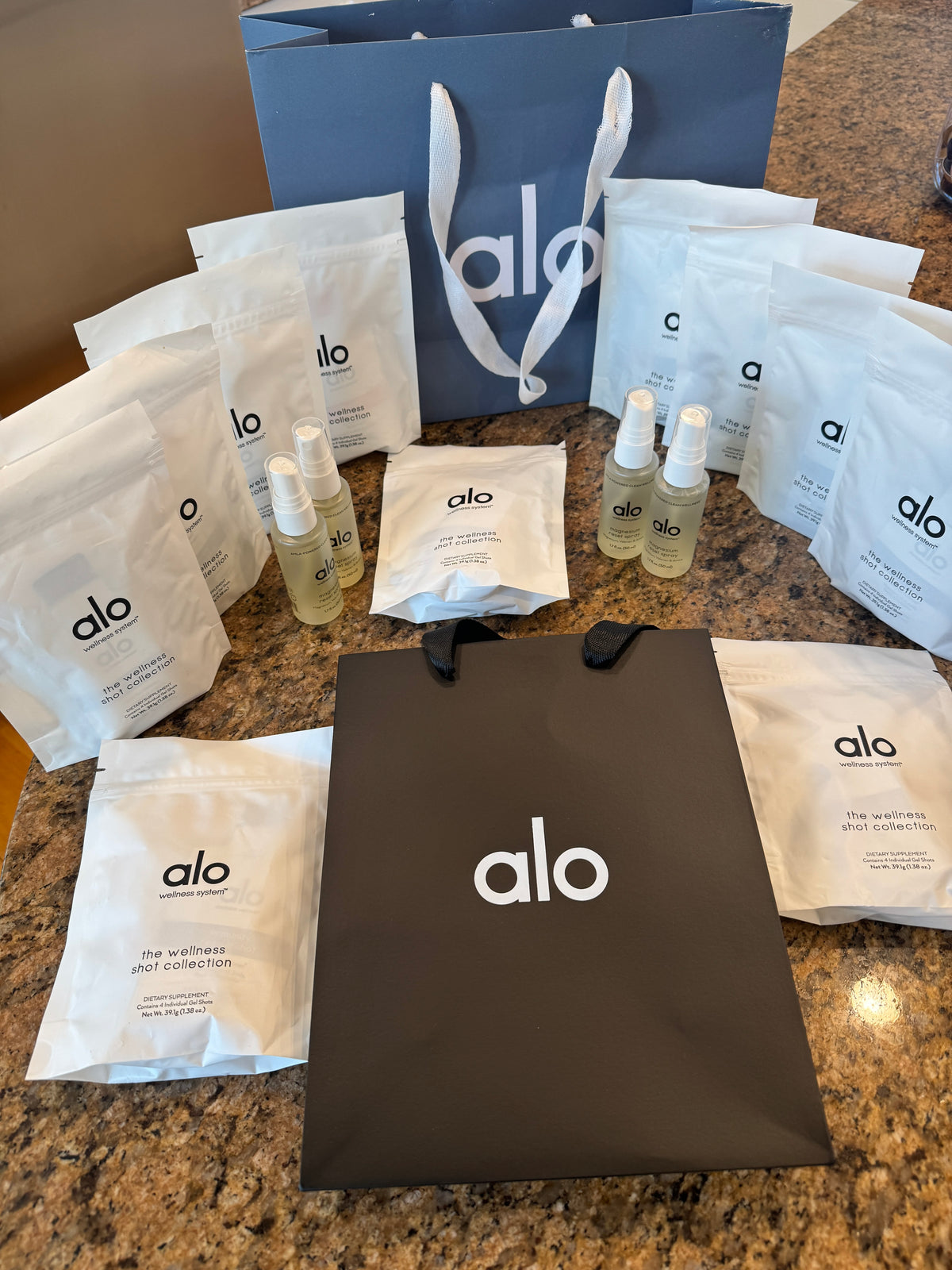 Alo Wellness BUNDLE (4) Magnesium Sprays, (11) Wellness Discovery Satchet Kits , (2) Gift Bags