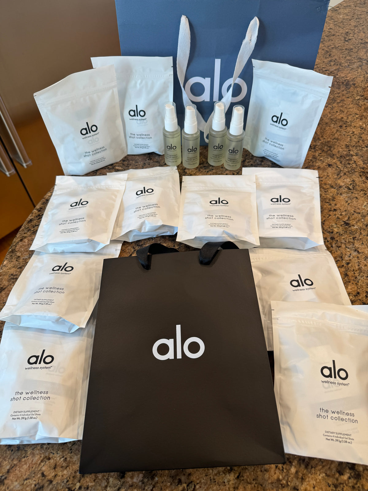 Alo Wellness BUNDLE (4) Magnesium Sprays, (11) Wellness Discovery Satchet Kits , (2) Gift Bags