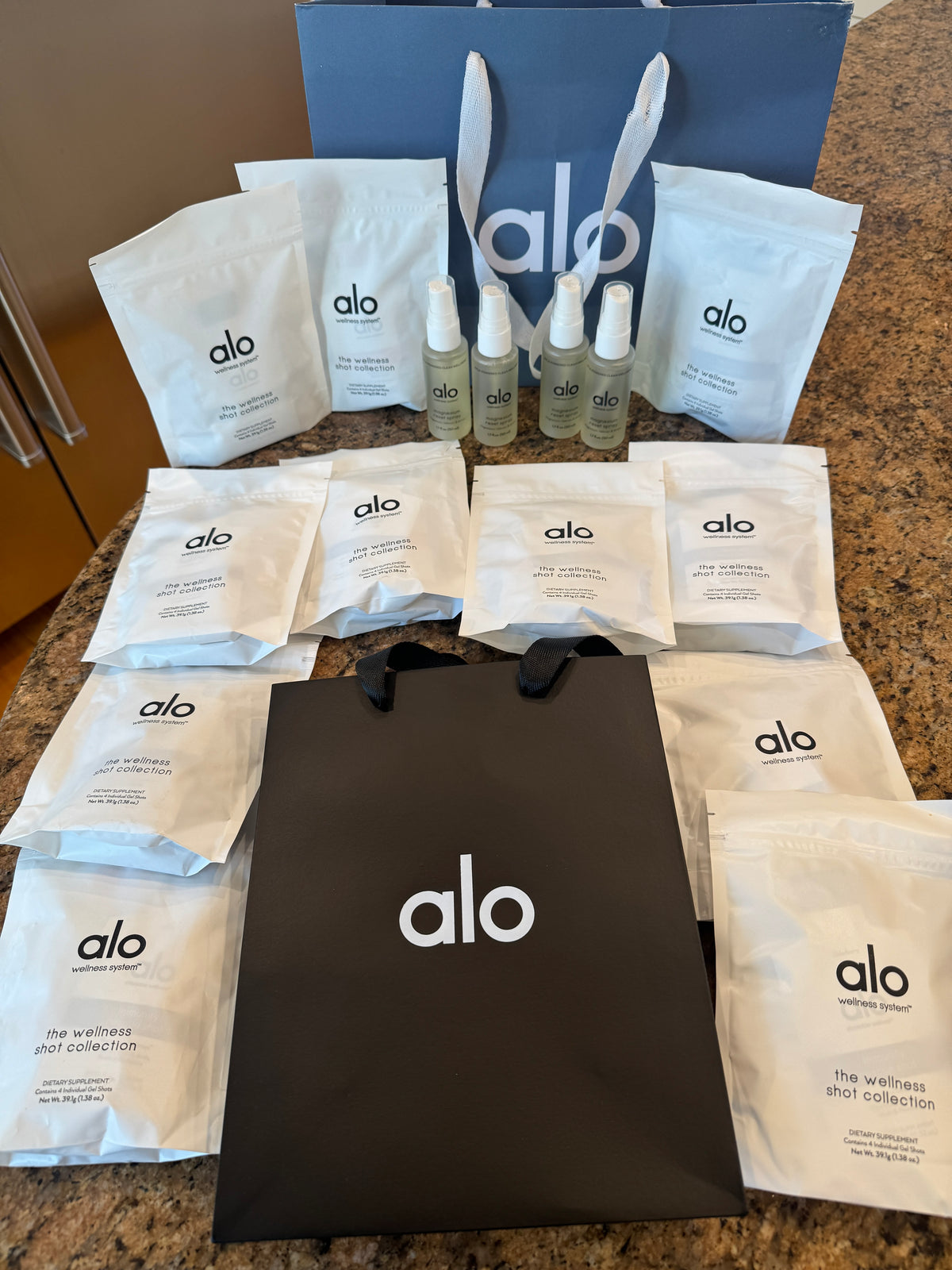 Alo Wellness BUNDLE (4) Magnesium Sprays, (11) Wellness Discovery Satchet Kits , (2) Gift Bags