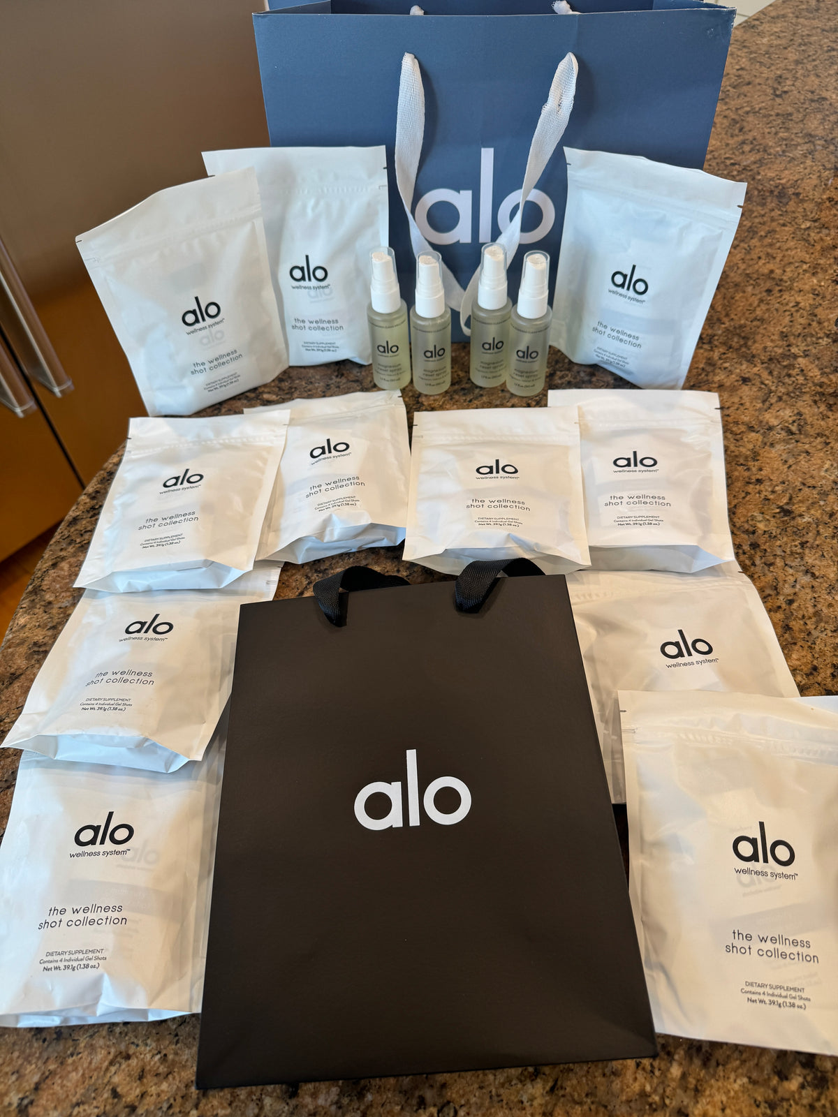 Alo Wellness BUNDLE (4) Magnesium Sprays, (11) Wellness Discovery Satchet Kits , (2) Gift Bags