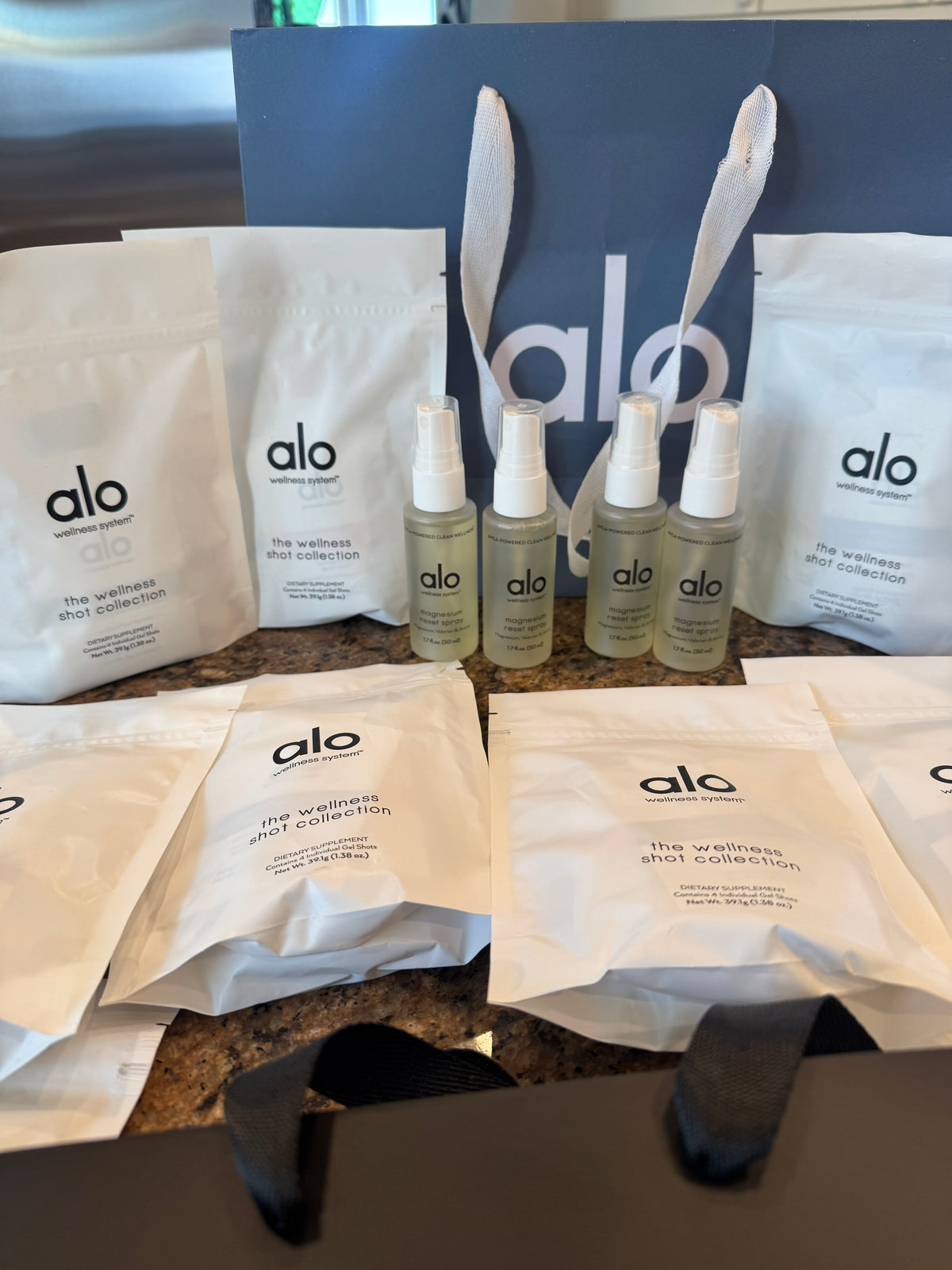Alo Wellness BUNDLE (4) Magnesium Sprays, (11) Wellness Discovery Satchet Kits , (2) Gift Bags