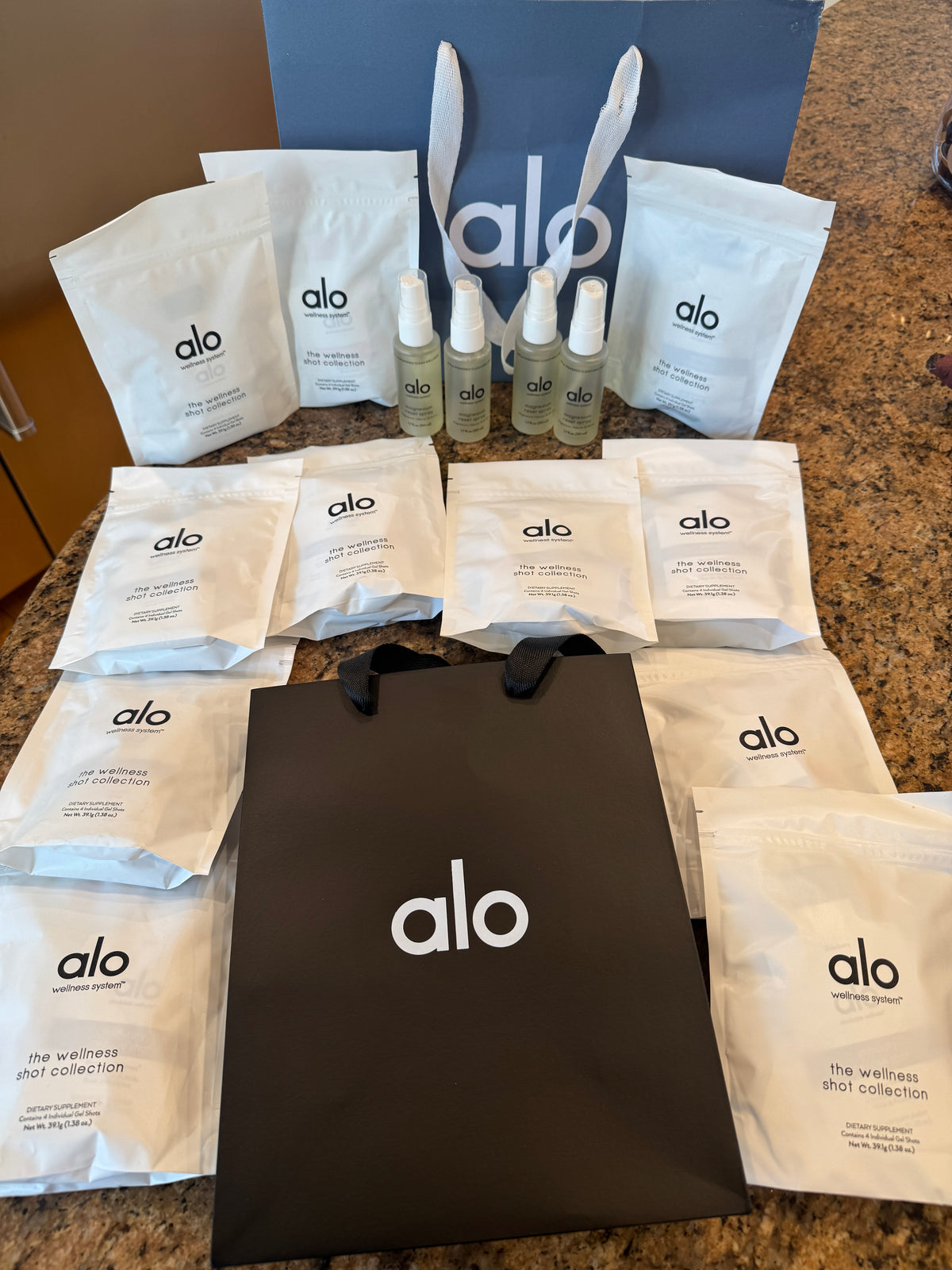 Alo Wellness BUNDLE (4) Magnesium Sprays, (11) Wellness Discovery Satchet Kits , (2) Gift Bags