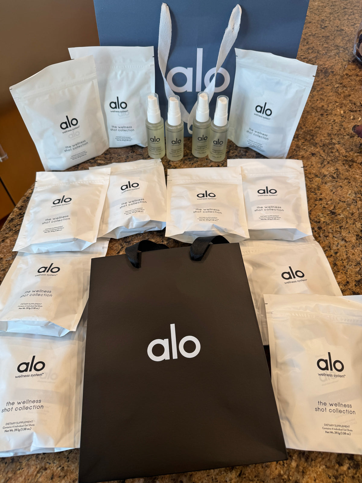 Alo Wellness BUNDLE (4) Magnesium Sprays, (11) Wellness Discovery Satchet Kits , (2) Gift Bags