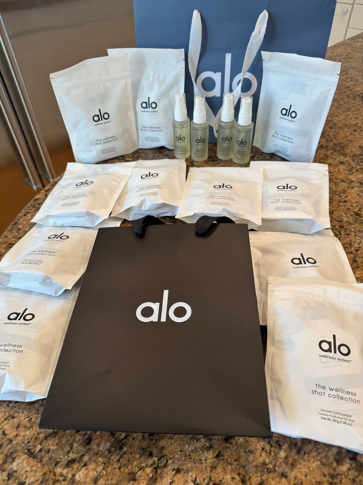 Alo Wellness BUNDLE (4) Magnesium Sprays, (11) Wellness Discovery Satchet Kits , (2) Gift Bags