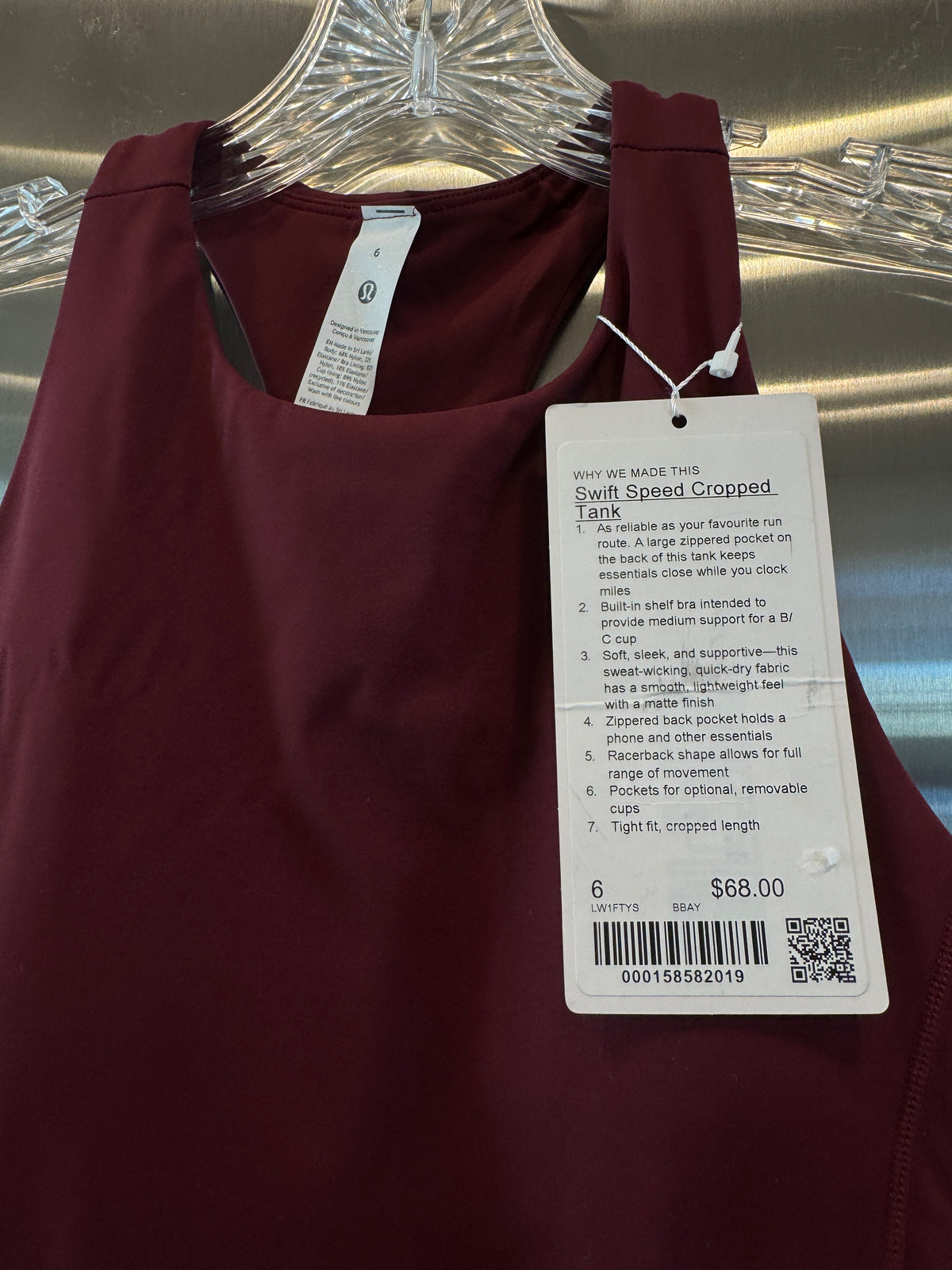 Lululemon Swift Speed Cropped Tank Top in Burgundy Bay Red - B/C Cup