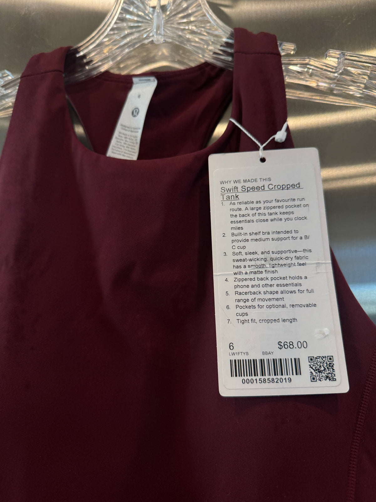 Lululemon Swift Speed Cropped Tank Top in Burgundy Bay Red - B/C Cup