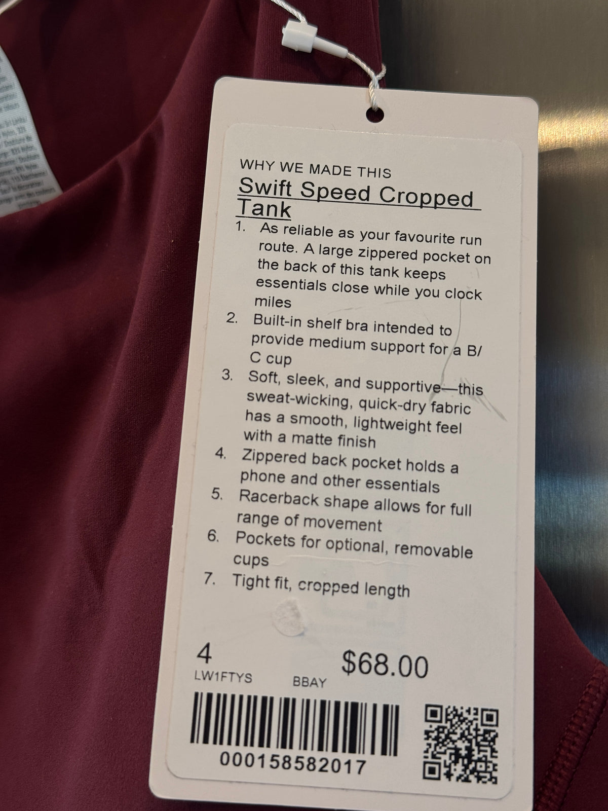 Lululemon Swift Speed Cropped Tank Top in Burgundy Bay Red - B/C Cup