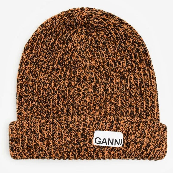 Ganni Rib knit beanie brown marigold / black