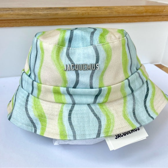 Jacquemus Bucket Hat Le Bob Gadjo Unisex in Blue / Grey Stripe Le Raphia