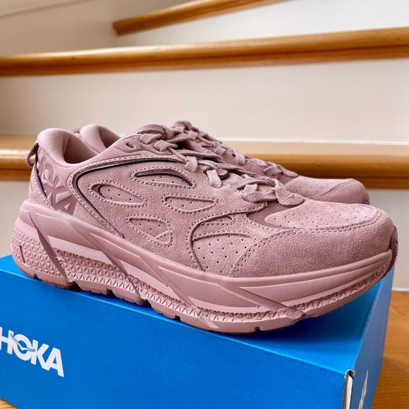 Hoka Clifton L Suede Unisex NEW Leather Athletic Shoes Pale Mauve Pink PMV