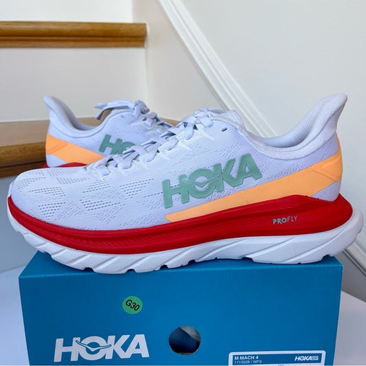 Hoka Mach 4 Running Shoes in White / Fiesta , Hoka One One red / orange