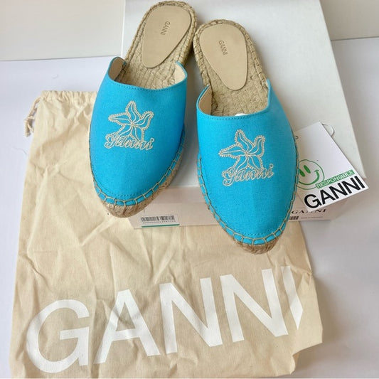 Ganni embroidered espadrilles canvas aqua blue Aquarius starfish slippers