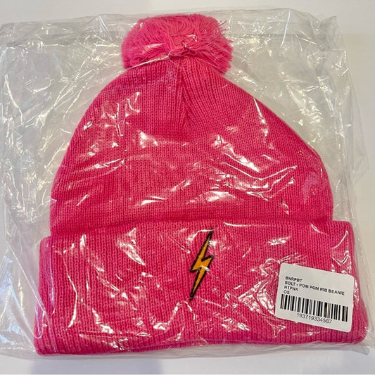 Aviator Nation Pink Knit Beanie Bolt embroidered patch neon pink