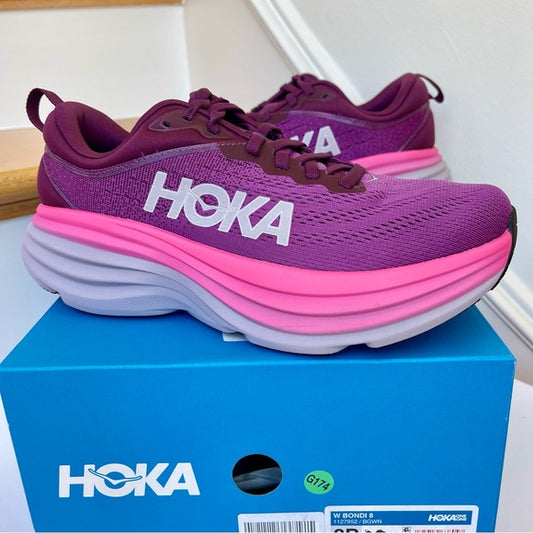 Hoka Bondi 8 Running Shoes in Beautyberry / Grapewine Pink Purple women’s