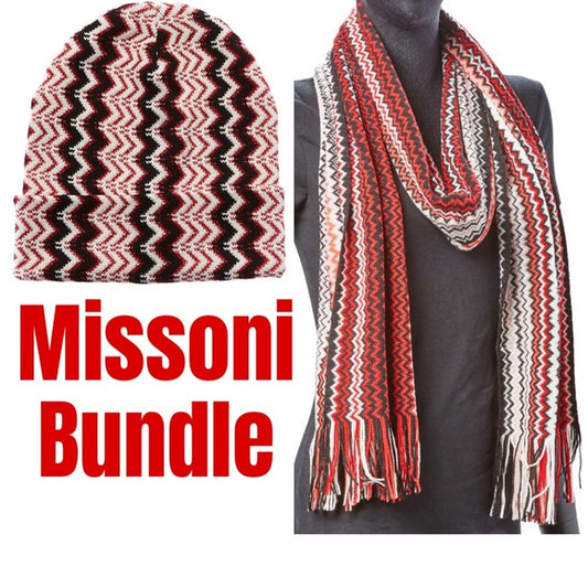 Missoni BUNDLE Set — scarf and knit beanie wool made in Italy red chevron