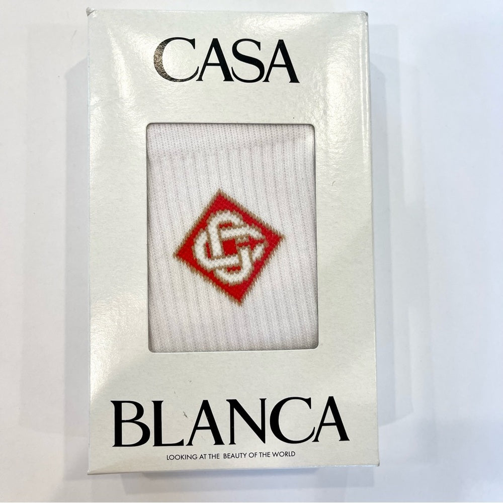 Casablanca White Red Logo Ribbed Sport Sock Size Small