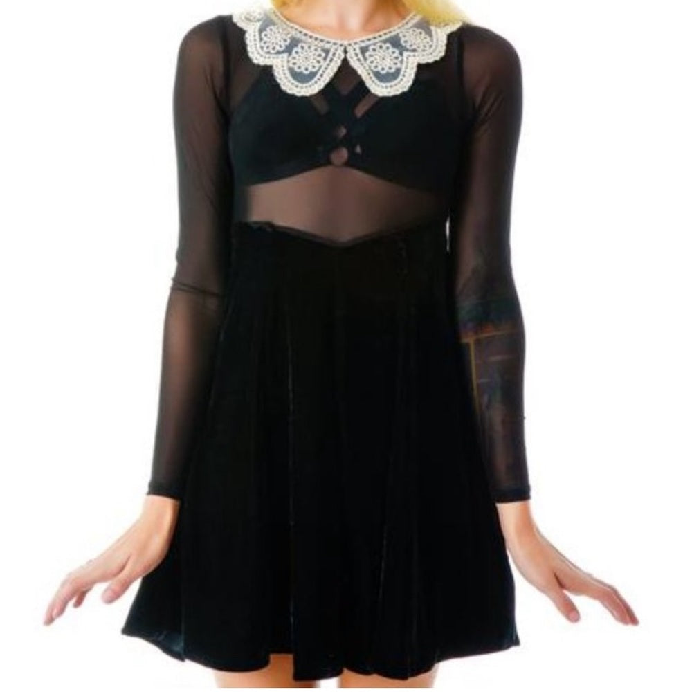 Unif Wednesday mini dress in black velvet with lace color and mesh top Pre-Owned
