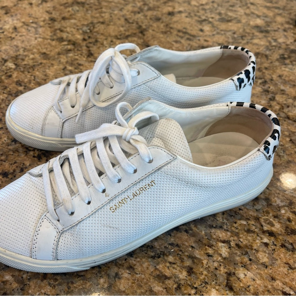 Saint Laurent Pre-Owned Perforated Andy leather sneakers in white with leopard trim