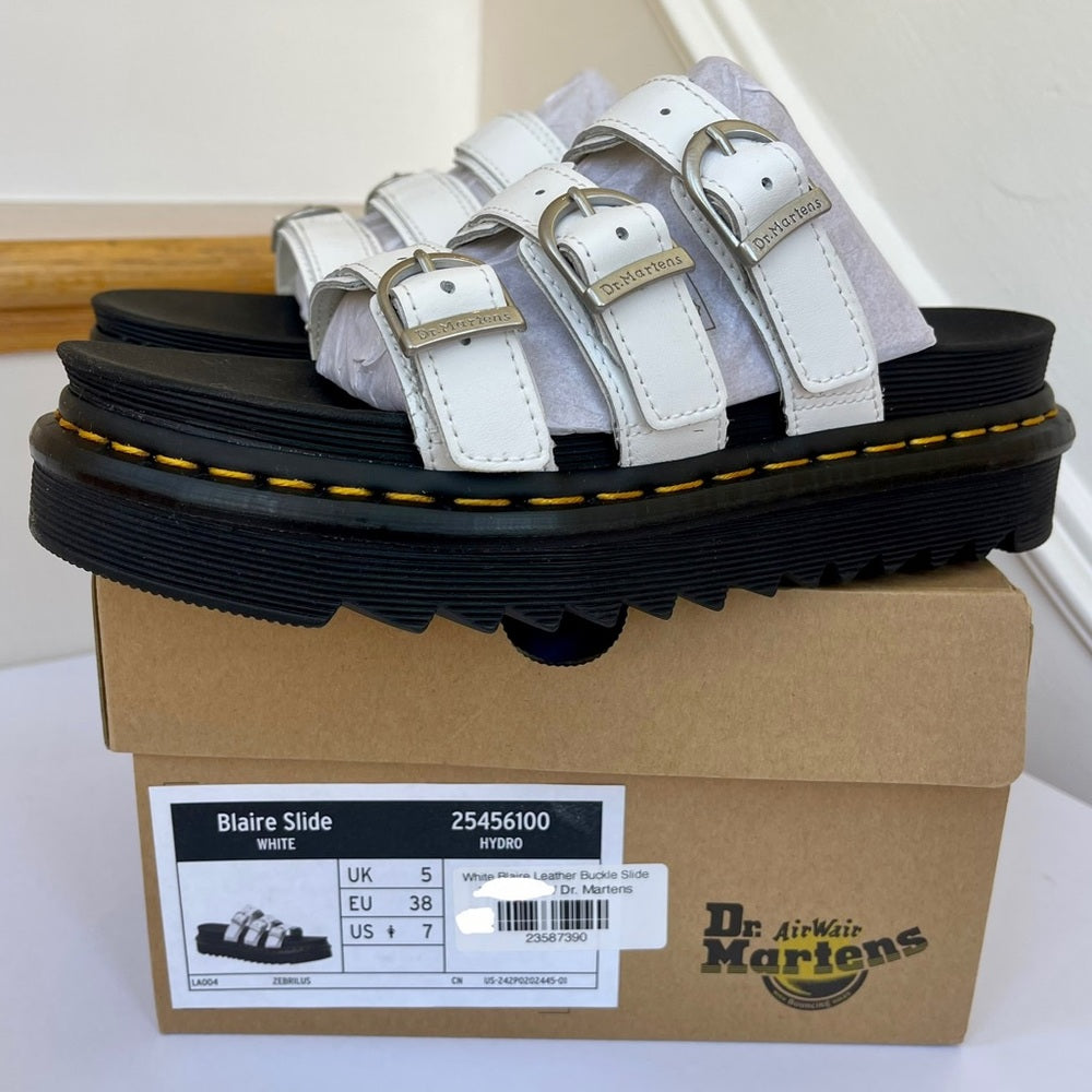 Dr. Martens Blaire Leather Slide Sandals White Womens Platform Buckles Shoes