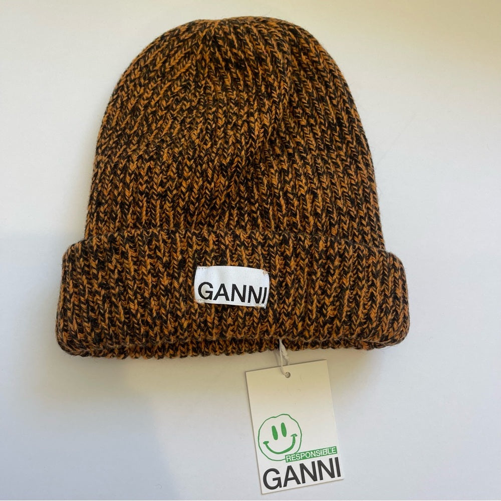 Ganni Rib knit beanie brown marigold / black