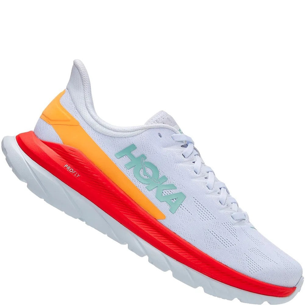 Hoka Mach 4 Running Shoes in White / Fiesta , Hoka One One red / orange