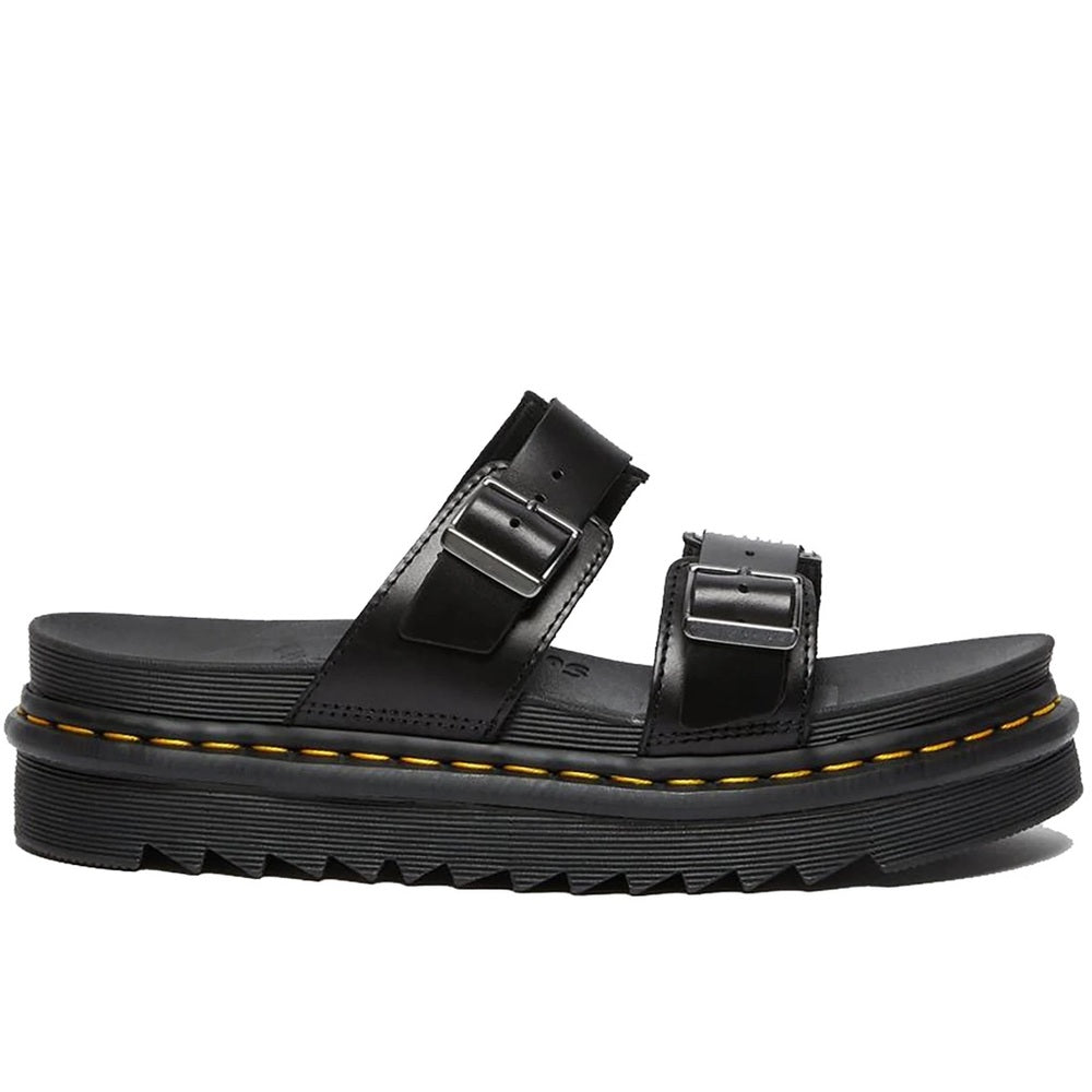 Dr. Martens Myles Brando Leather Slide Sandals in black buckles platforms