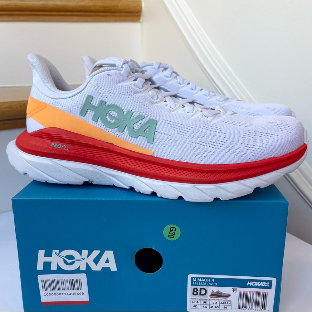 Hoka Mach 4 Running Shoes in White / Fiesta , Hoka One One red / orange