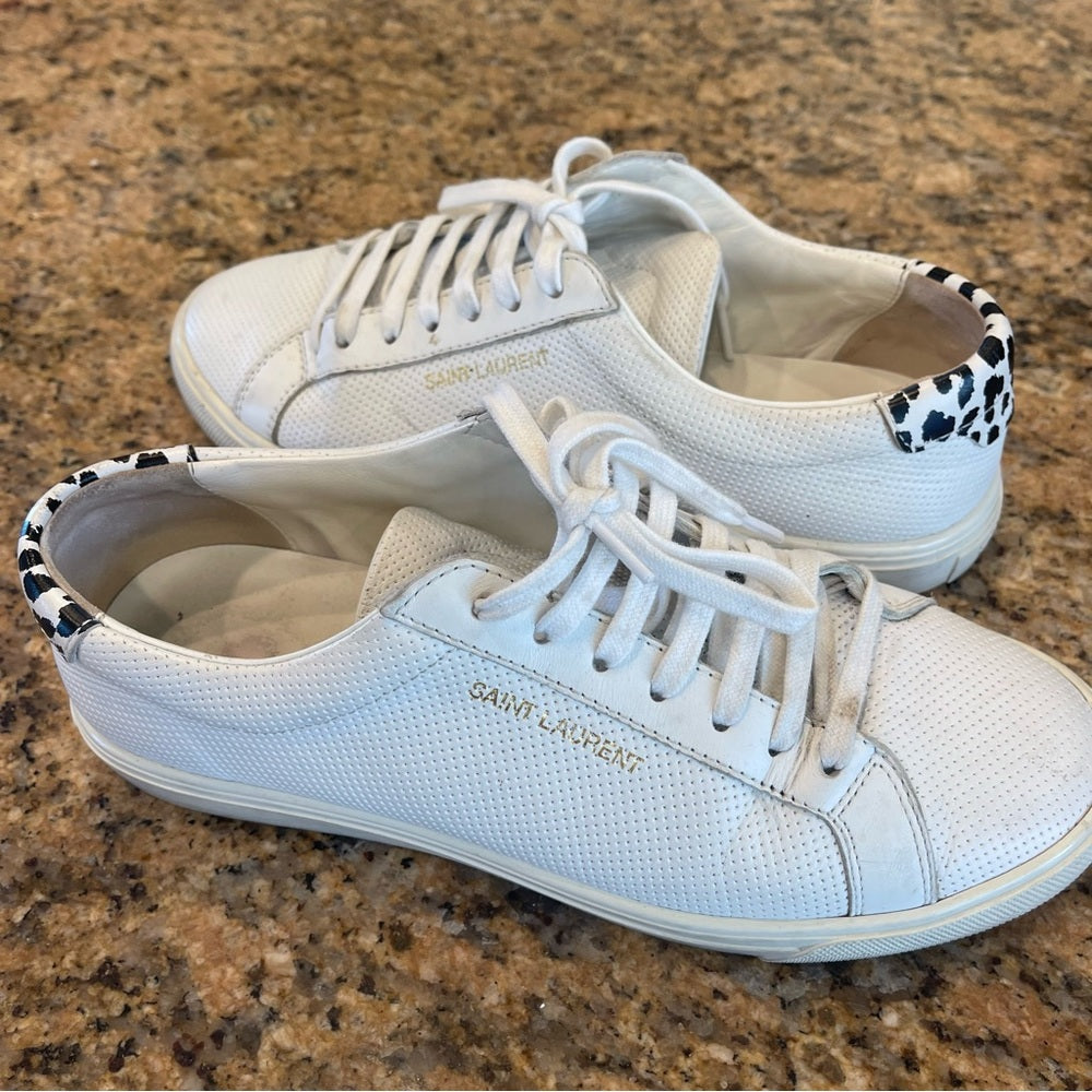 Saint Laurent Pre-Owned Perforated Andy leather sneakers in white with leopard trim