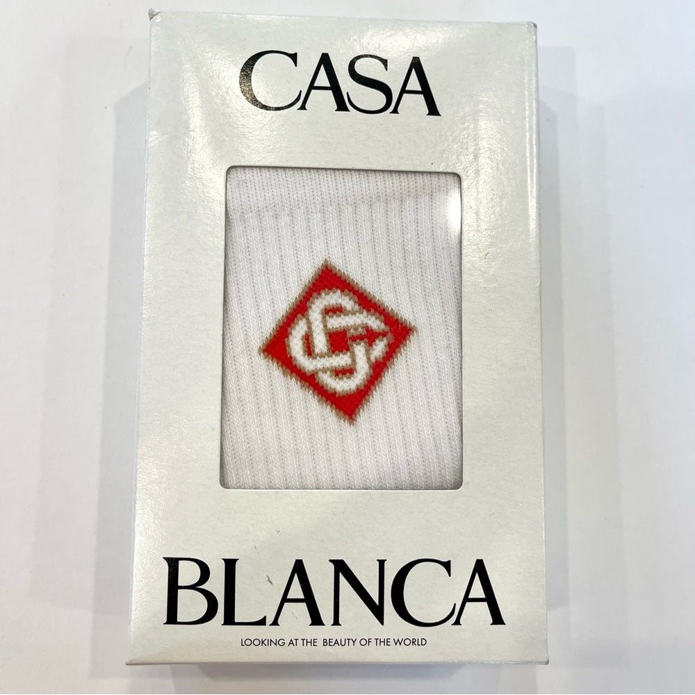 Casablanca White Red Logo Ribbed Sport Sock Size Small