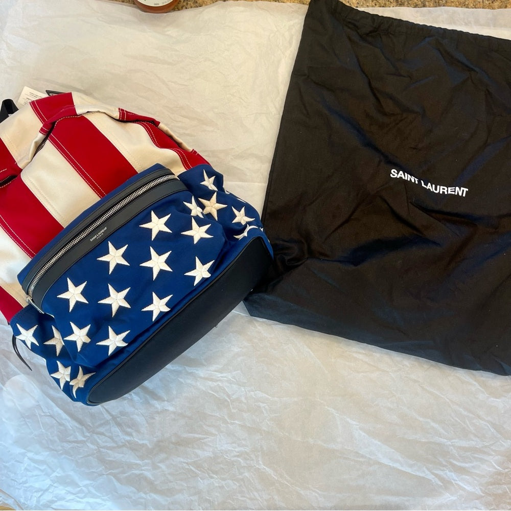 Yves Saint Laurent embroidered flag backpack USA America YSL brand NEW