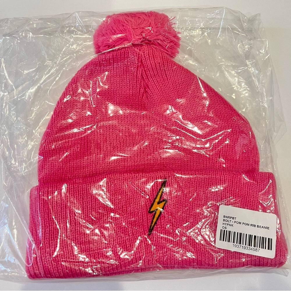 Aviator Nation Pink Knit Beanie Bolt embroidered patch neon pink