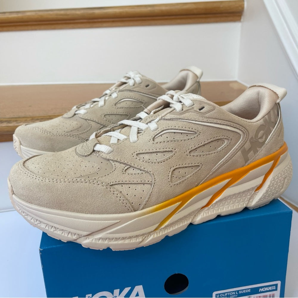 Hoka Clifton L Suede Unisex NEW Leather Athletic Shoes tan shortbread beige gold