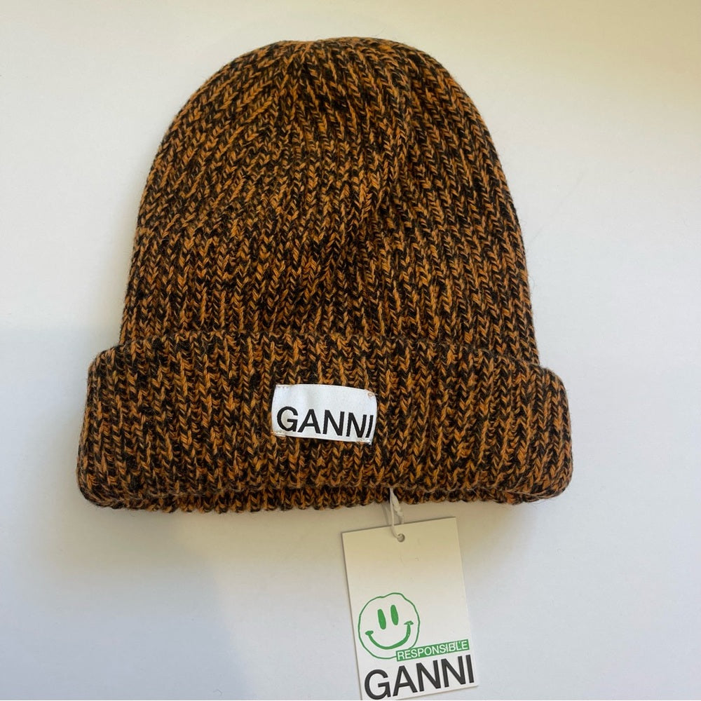 Ganni Rib knit beanie brown marigold / black