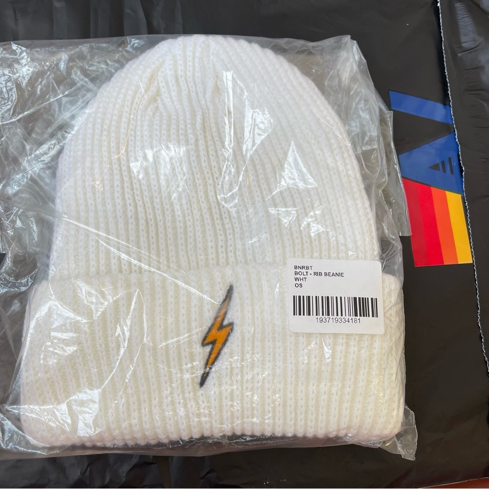 Aviator Nation Knit Beanie ribbed Bolt embroidered patch white