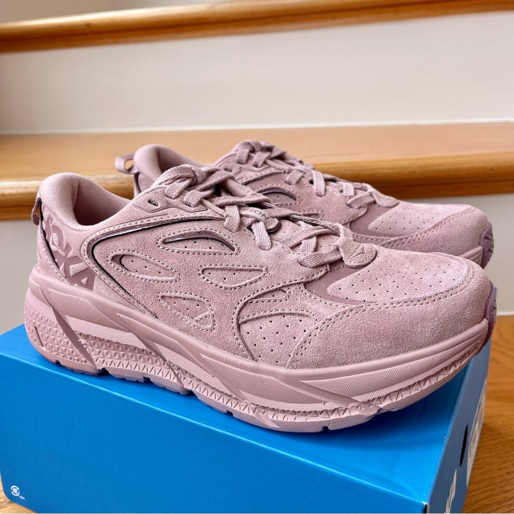 Hoka Clifton L Suede Unisex NEW Leather Athletic Shoes Pale Mauve Pink PMV