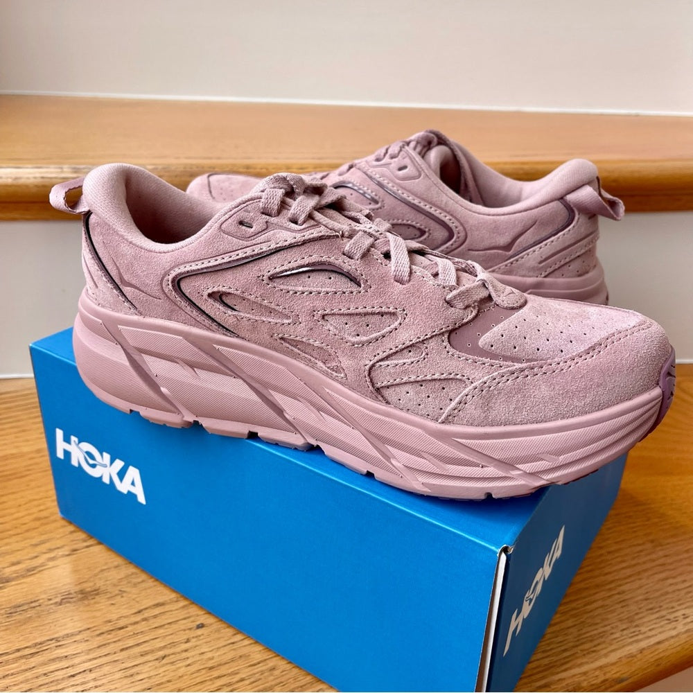 Hoka Clifton L Suede Unisex NEW Leather Athletic Shoes Pale Mauve Pink PMV