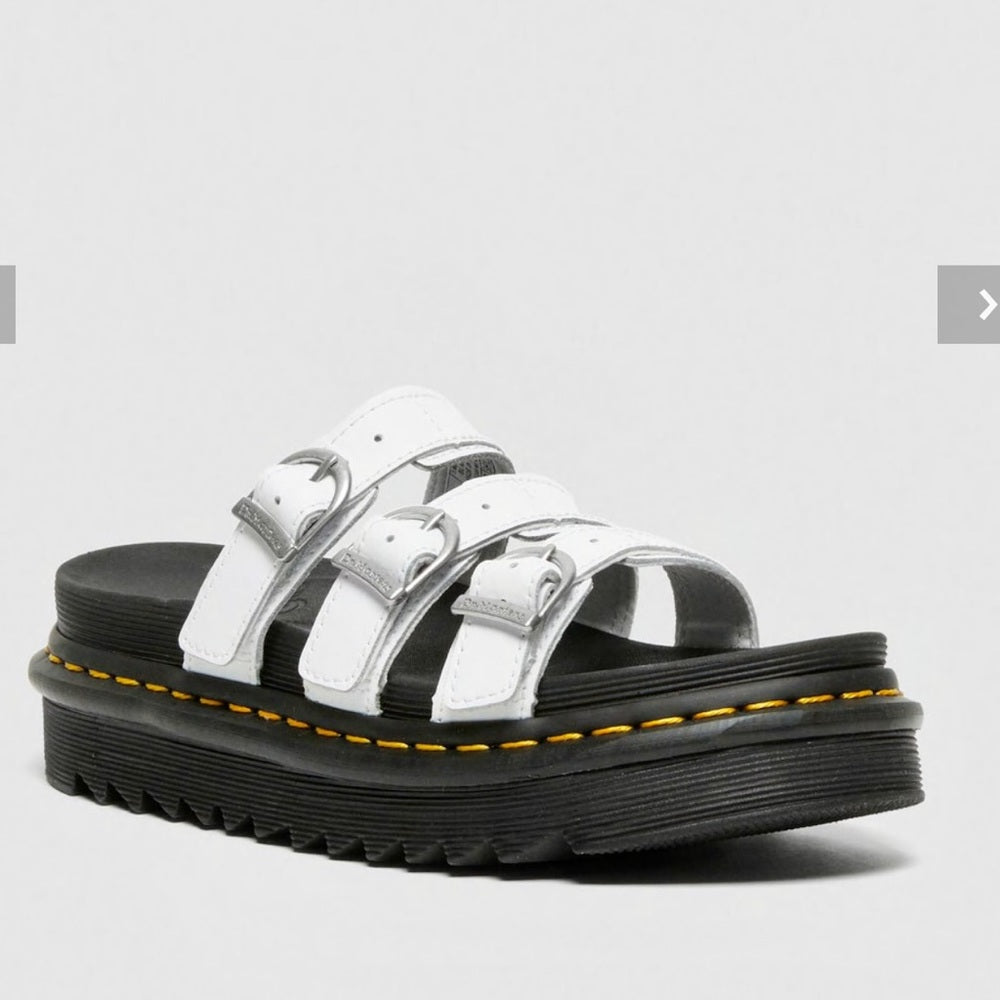 Dr. Martens Blaire Leather Slide Sandals White Womens Platform Buckles Shoes