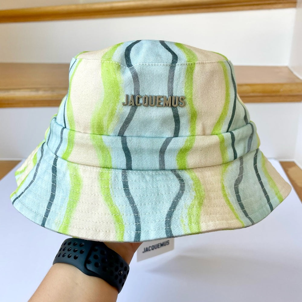 Jacquemus Bucket Hat Le Bob Gadjo Unisex in Blue / Grey Stripe Le Raphia