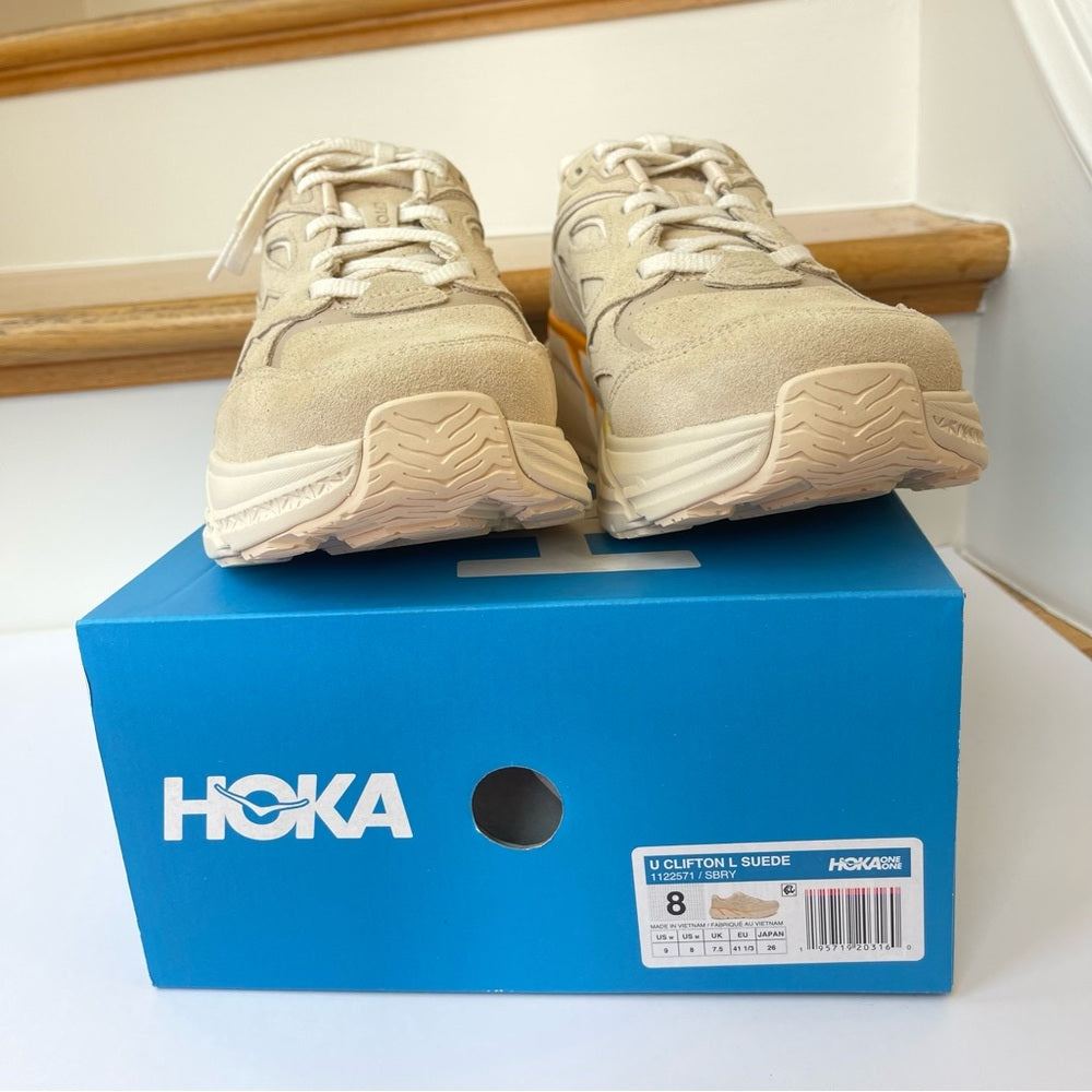 Hoka Clifton L Suede Unisex NEW Leather Athletic Shoes tan shortbread beige gold