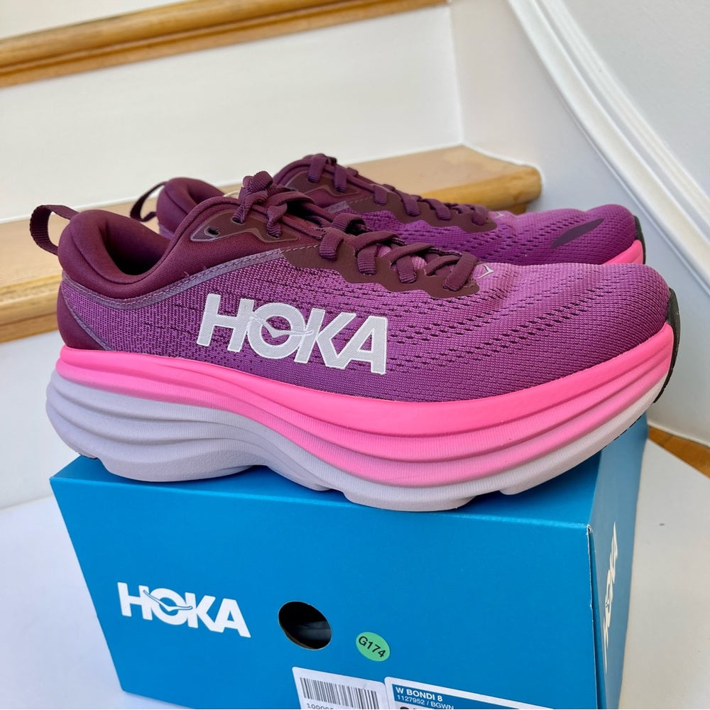 Hoka Bondi 8 Running Shoes in Beautyberry / Grapewine Pink Purple women’s