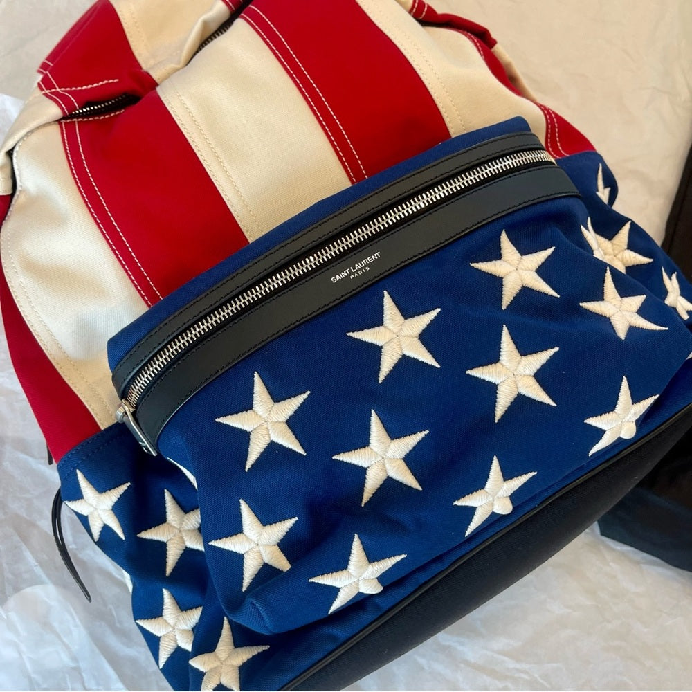 Yves Saint Laurent embroidered flag backpack USA America YSL brand NEW